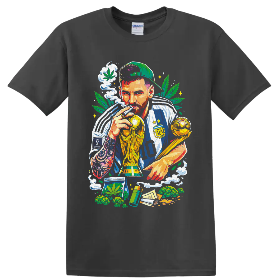 Colorful number 10 soccer champion with gold trophies, cannabis leaves, and smoke on a Charcoal T Shirt