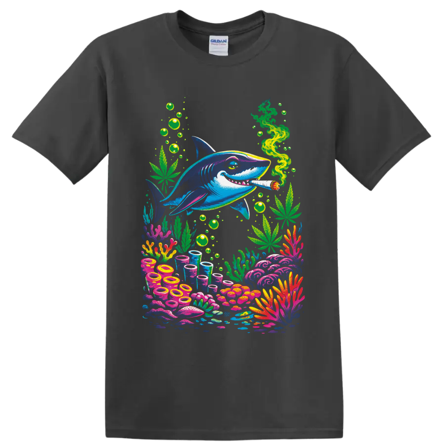 Psychedelic blue shark with cannabis leaves, green smoke, bubbles, and colorful coral reef on a Charcoal T Shirt