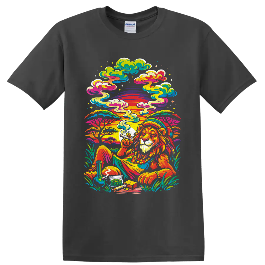 Psychedelic cannabis lion with sunset, smoke, water pipe, buds, and swirling clouds on a Charcoal T Shirt