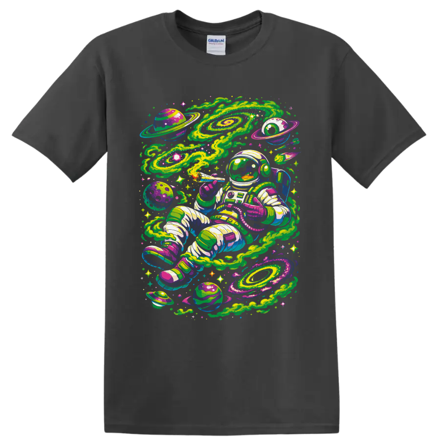 Psychedelic astronaut smoking a joint among neon galaxies, planets, and stars on a Charcoal T Shirt