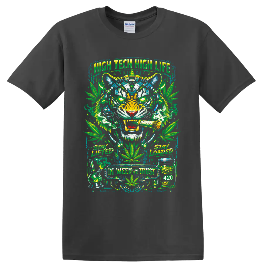 Neon cyberpunk tiger with cannabis leaves, bong, jar, and 420 street-art text on a Charcoal T Shirt