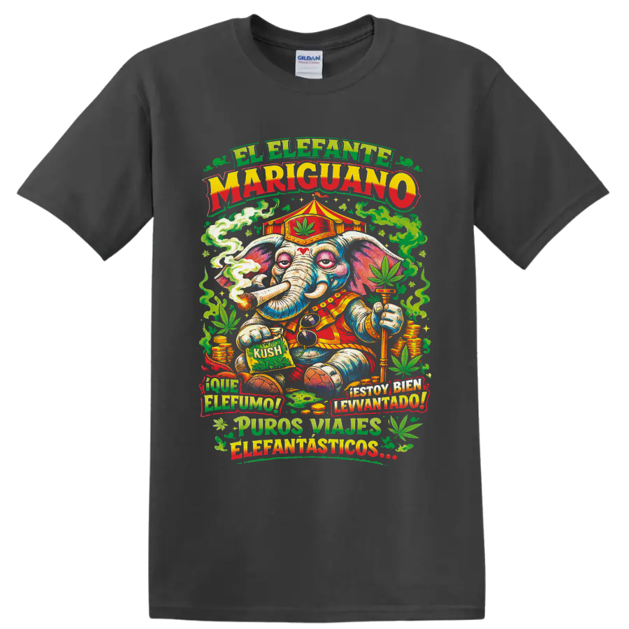Psychedelic cannabis circus elephant with smoke, leaves, coins, and Spanish text on a Charcoal T Shirt