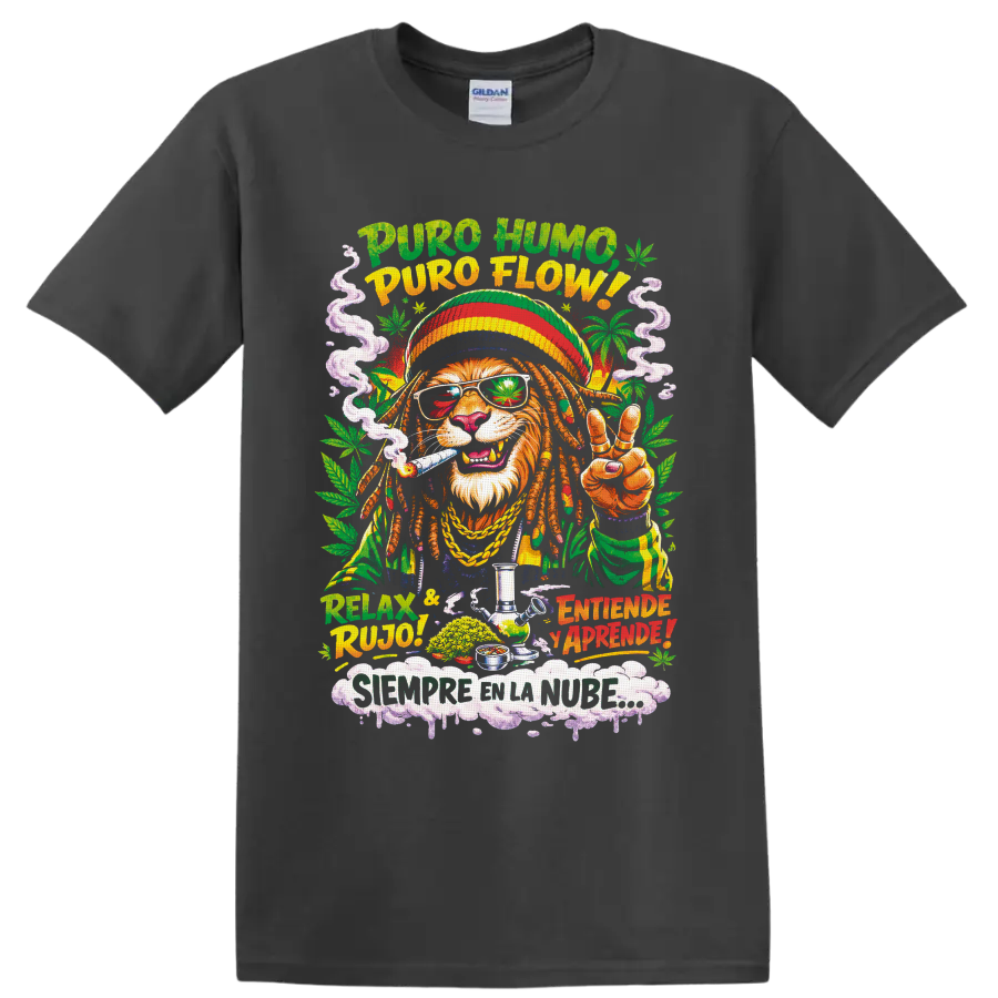 Rasta-style lion in cannabis leaf shades with smoke, peace sign, and Spanish 420 text on a Charcoal T Shirt
