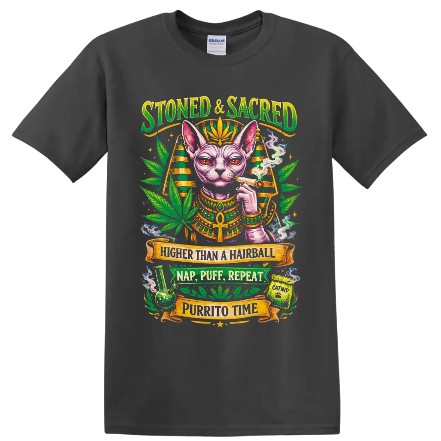 Egyptian-inspired Sphynx cat cannabis graphic with Stoned & Sacred banner text on a Charcoal T Shirt