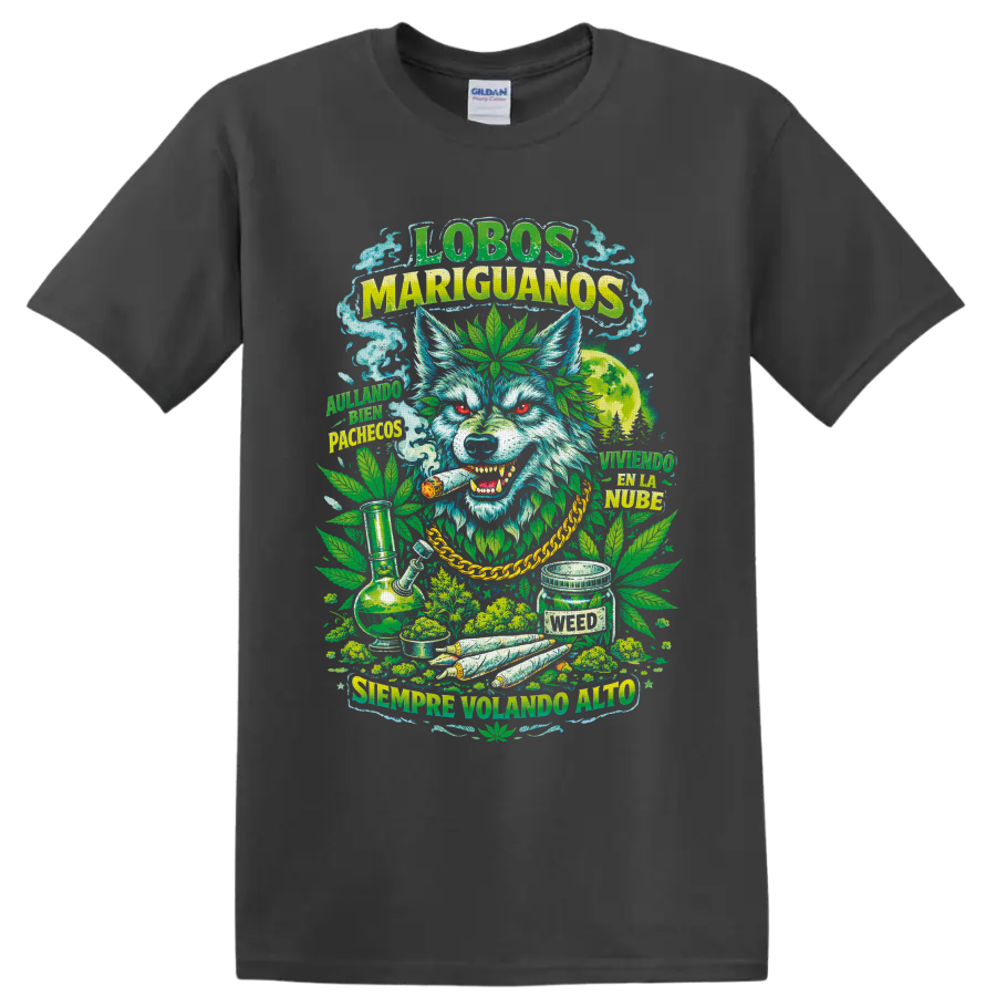 Psychedelic cannabis wolf with marijuana leaves, moon, smoke, and Spanish lettering on a Charcoal T Shirt