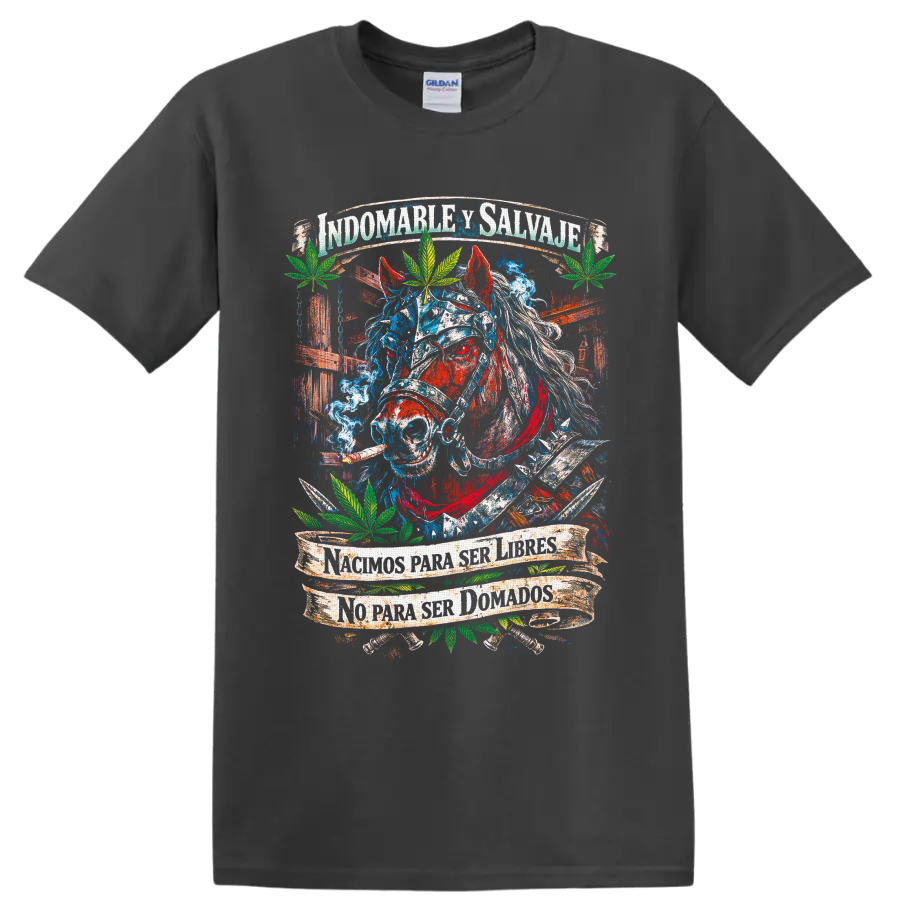 Distressed blue and red horse with cannabis leaves and Spanish freedom banners on a Charcoal T Shirt