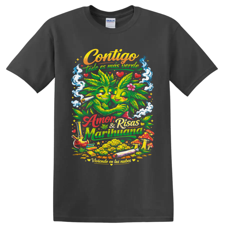 Psychedelic hugging cannabis leaf couple with mushrooms, smoke, hearts, and Spanish on a Charcoal T Shirt