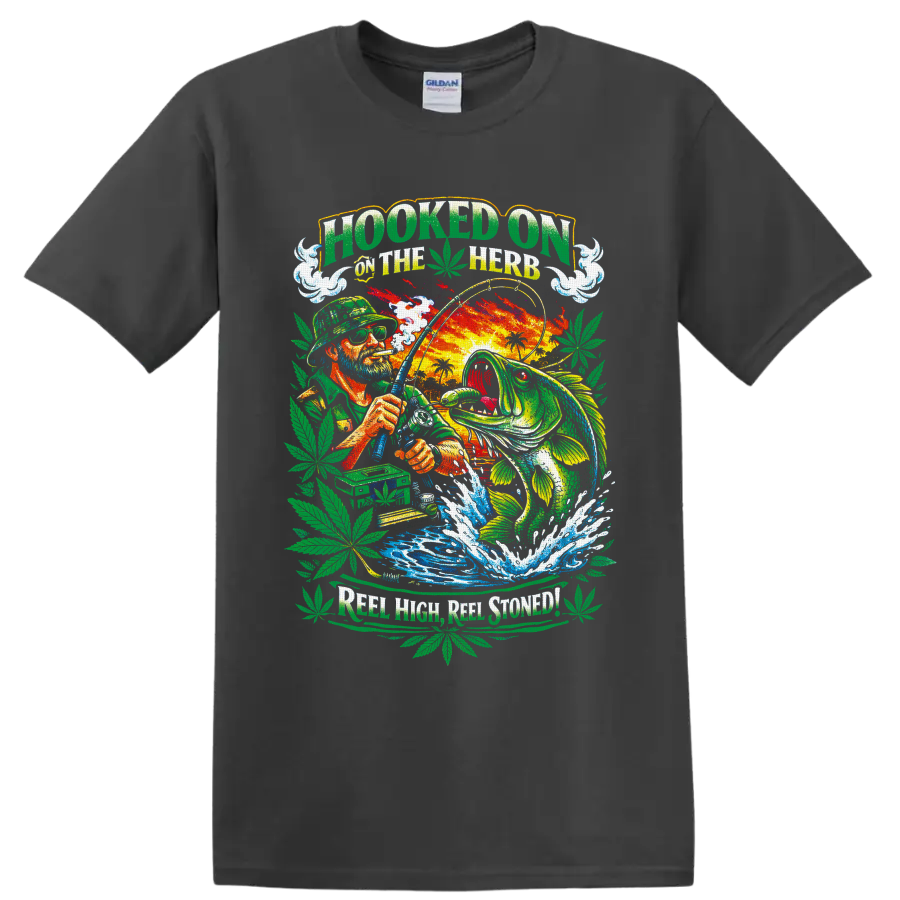 Bass angler and leaping fish in colorful cannabis fishing graphic with Hooked on the Herb on a Charcoal T Shirt