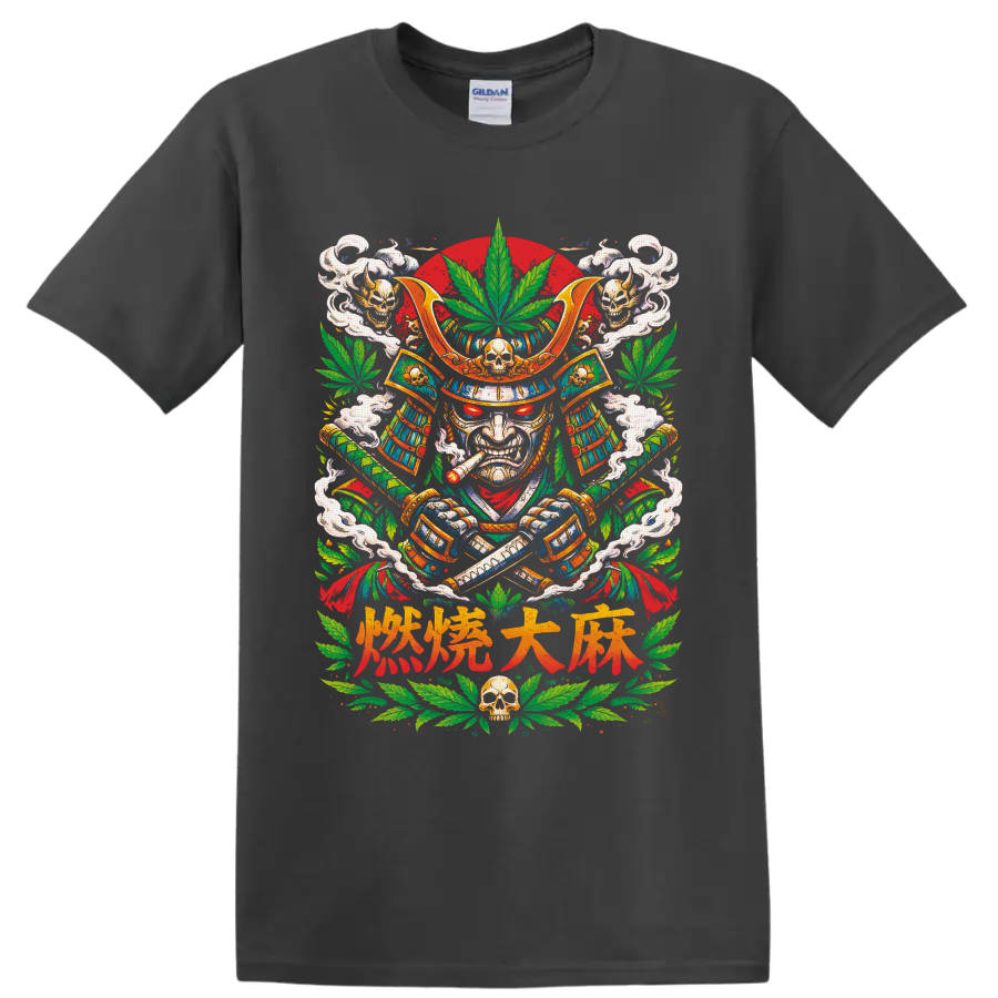 Cannabis samurai warrior graphic with katana swords, skulls, smoke, and leaves on a Charcoal T Shirt