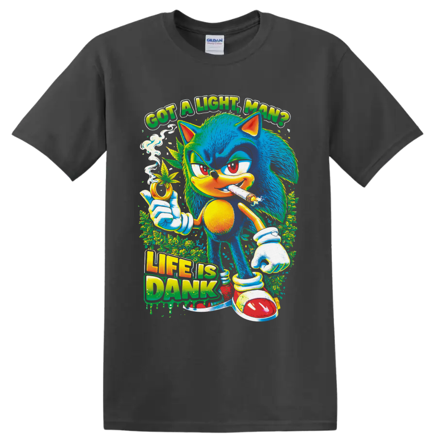 Psychedelic Sonic the Hedgehog 420 cannabis art with Got a Light, Man? text on a Charcoal T Shirt