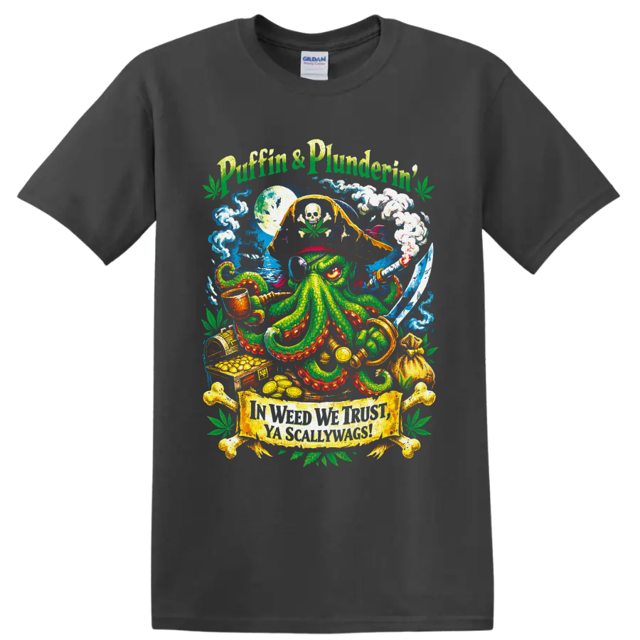 Cannabis pirate octopus with skull flag, sword, smoke, treasure, and Puffin' & Plunderin' on a Charcoal T Shirt