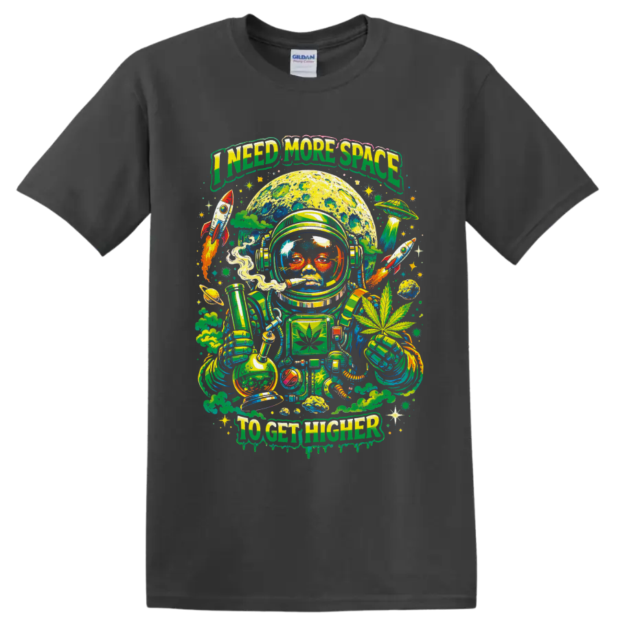 Psychedelic cannabis astronaut with moon, bong, rockets, and I Need More Space text on a Charcoal T Shirt
