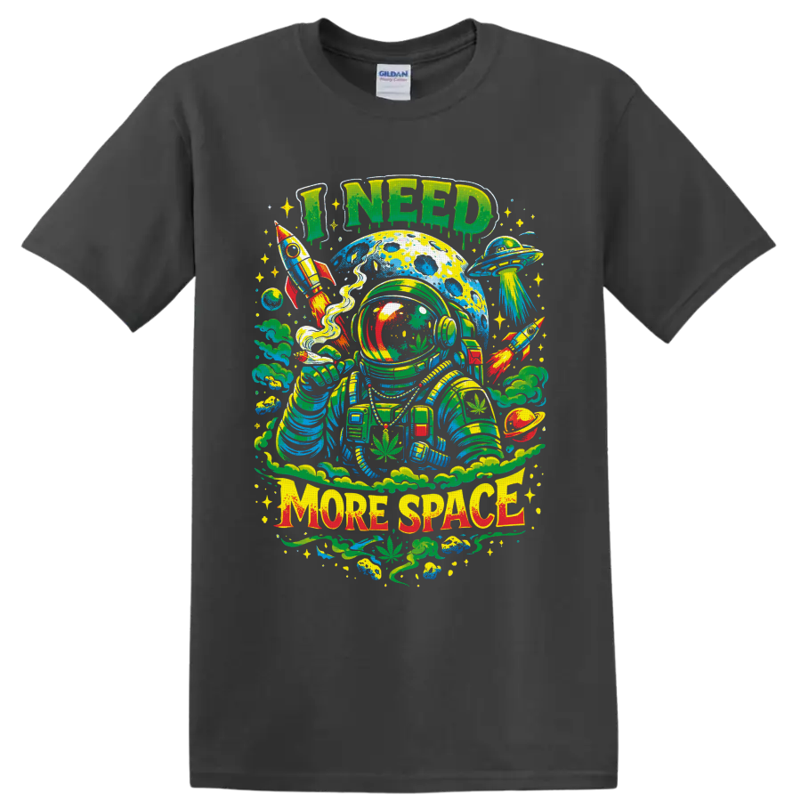 Psychedelic cannabis astronaut with rockets, UFO, and I Need More Space text on a Charcoal T Shirt