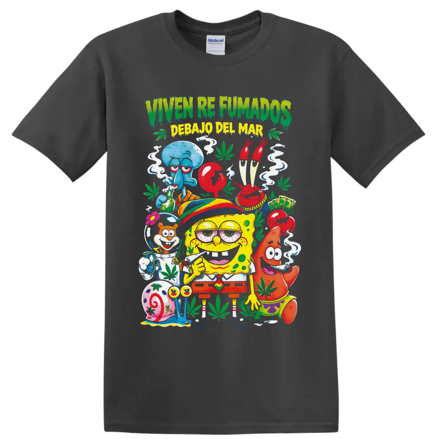 SpongeBob and Bikini Bottom friends in a colorful 420 cannabis cartoon collage on a Charcoal T Shirt