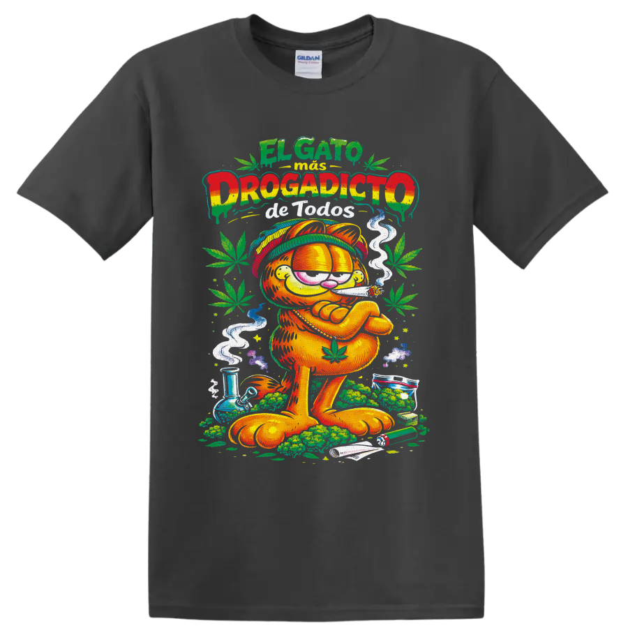 Garfield 420 Rastafari cartoon with cannabis leaves, smoke, and Spanish lettering on a Charcoal T Shirt