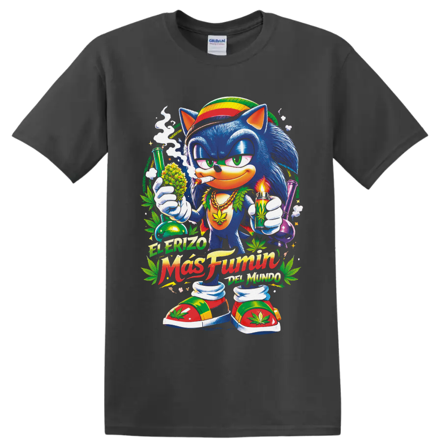 Blue cartoon hedgehog with cannabis leaves, glass pipes, and El Erizo Más Fumón text on a Charcoal T Shirt