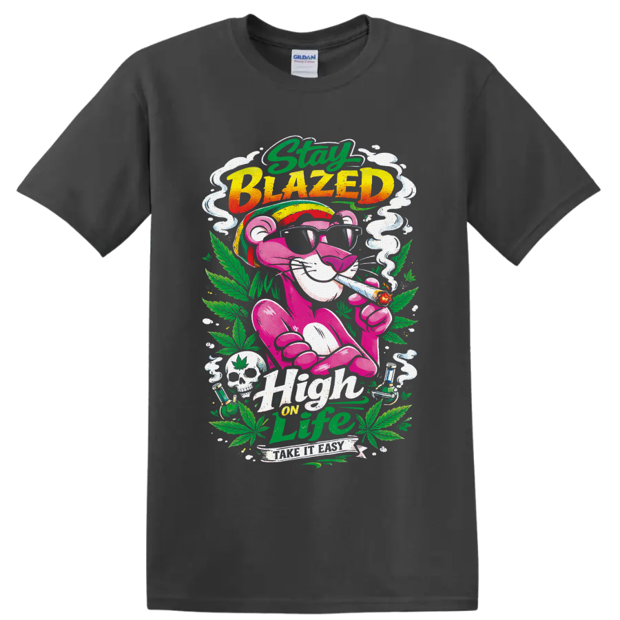 Retro pink smoking cat with cannabis leaves, Stay Blazed and High on Life text on a Charcoal T Shirt