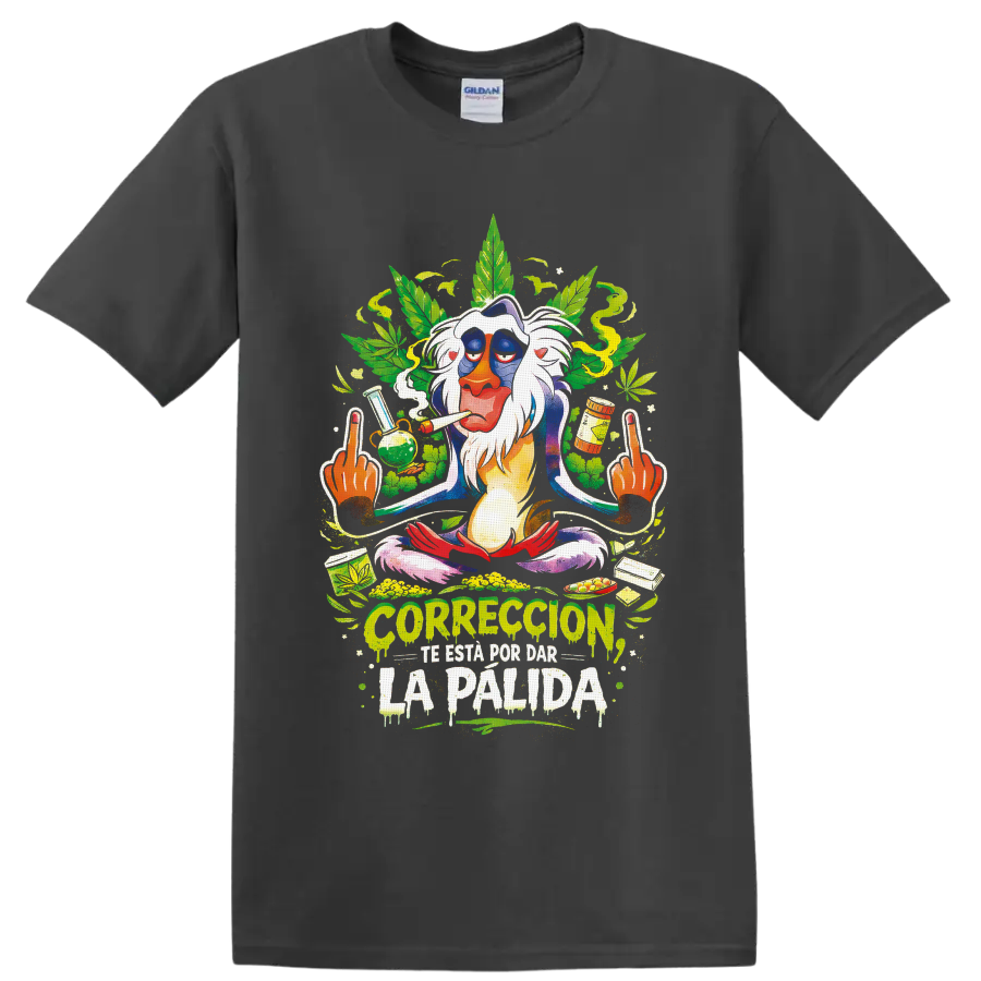 Psychedelic mandrill cannabis graphic with leaves, smoke, pipe, and dripping Spanish on a Charcoal T Shirt