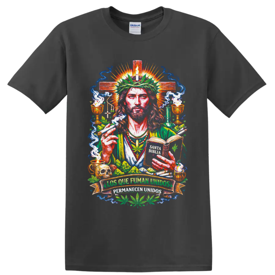 Jesus cannabis sacred art graphic with cross, leaf crown, smoke, and Spanish unity banner on a Charcoal T Shirt