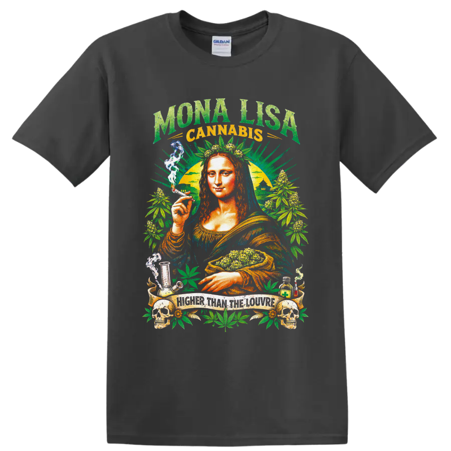 Mona Lisa cannabis collage with buds, leaves, skulls, smoke, and Higher Than the Louvre on a Charcoal T Shirt
