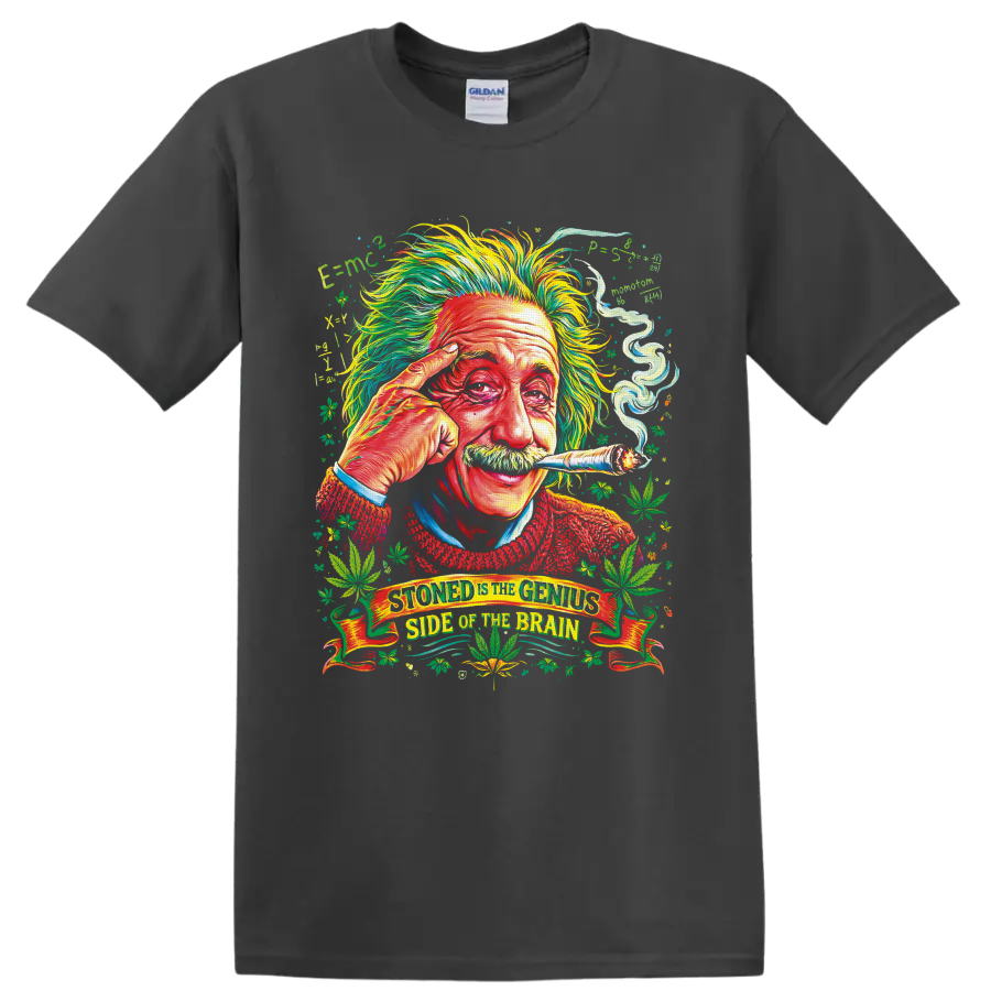 Psychedelic Albert Einstein portrait with cannabis leaves and smoke on a Charcoal T Shirt