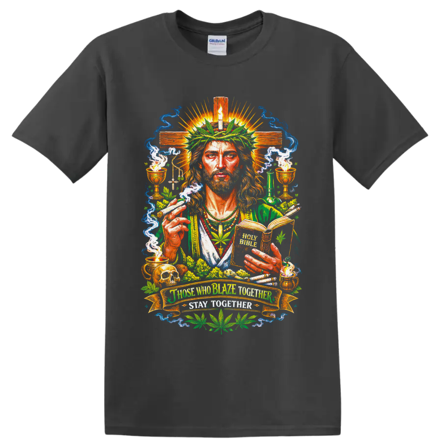 Psychedelic Cannabis Jesus with leaf crown, Holy Bible, cross, smoke, and chalices on a Charcoal T Shirt