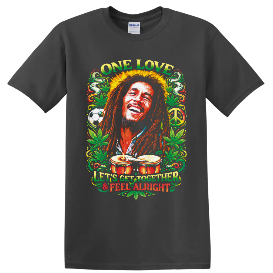 Bob Marley reggae portrait with One Love text, cannabis leaves, drums, and peace sign on a Charcoal T Shirt