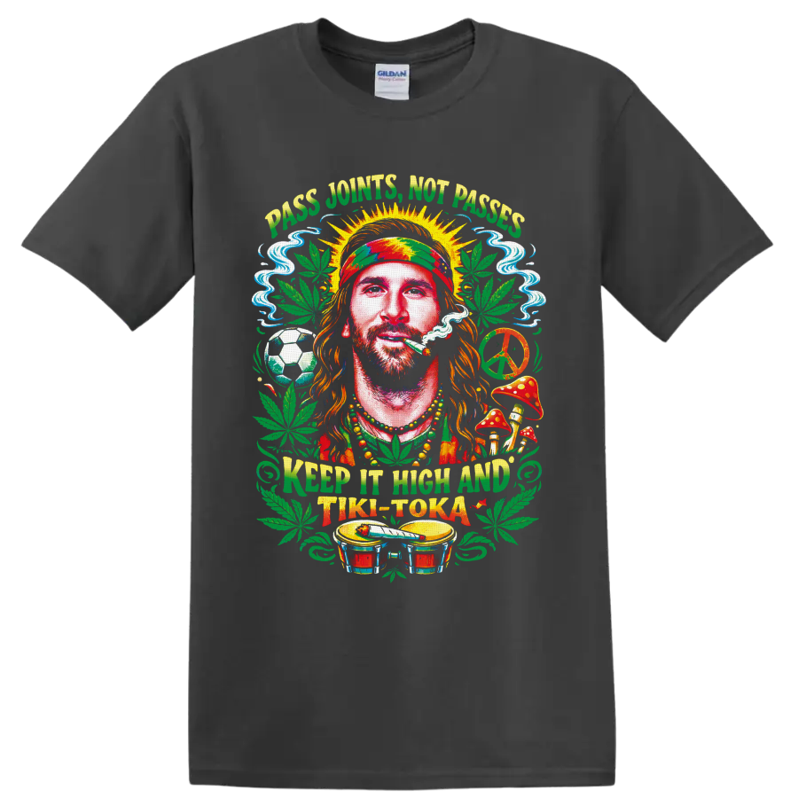 Rasta-style cannabis portrait with soccer ball, peace sign, bongos, and Tiki-Toka text on a Charcoal T Shirt