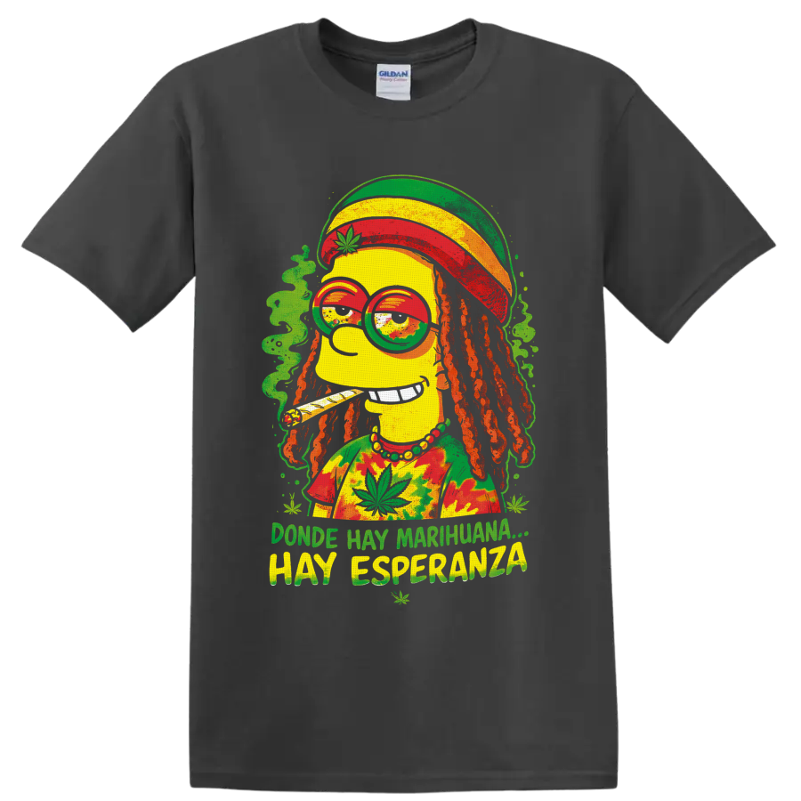 Homer Simpson rasta cannabis cartoon with dreadlocks and Spanish 420 text on a Charcoal T Shirt