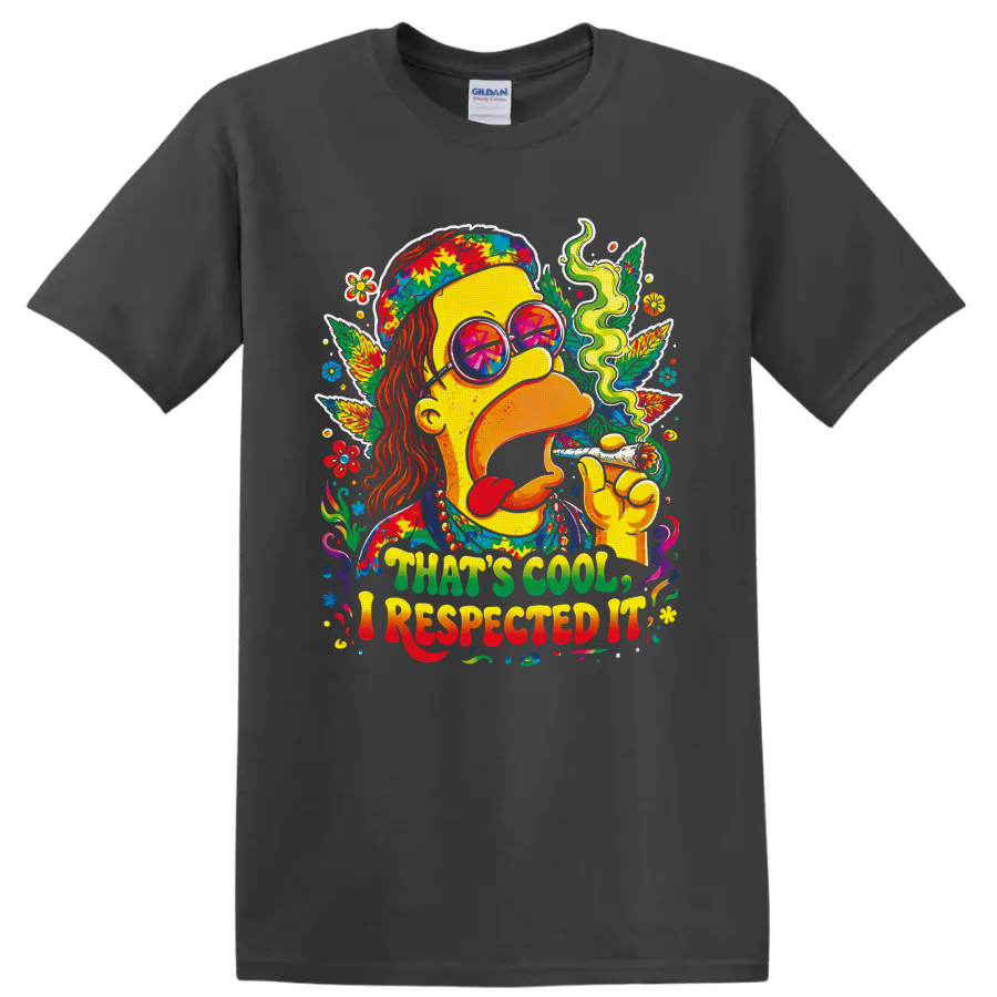 Psychedelic hippie cannabis portrait with peace sunglasses and THAT'S COOL, I RESPECTED on a Charcoal T Shirt