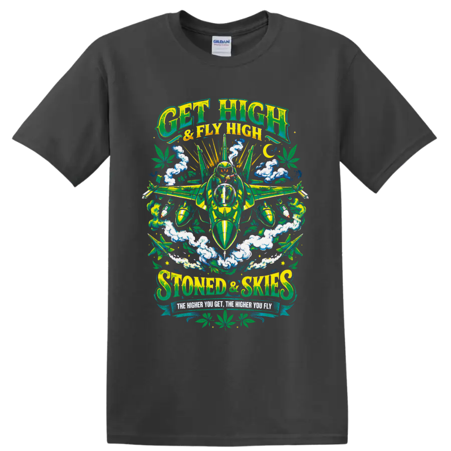 Get High & Fly High retro cannabis fighter jet with pilot, smoke clouds, and leaves on a Charcoal T Shirt