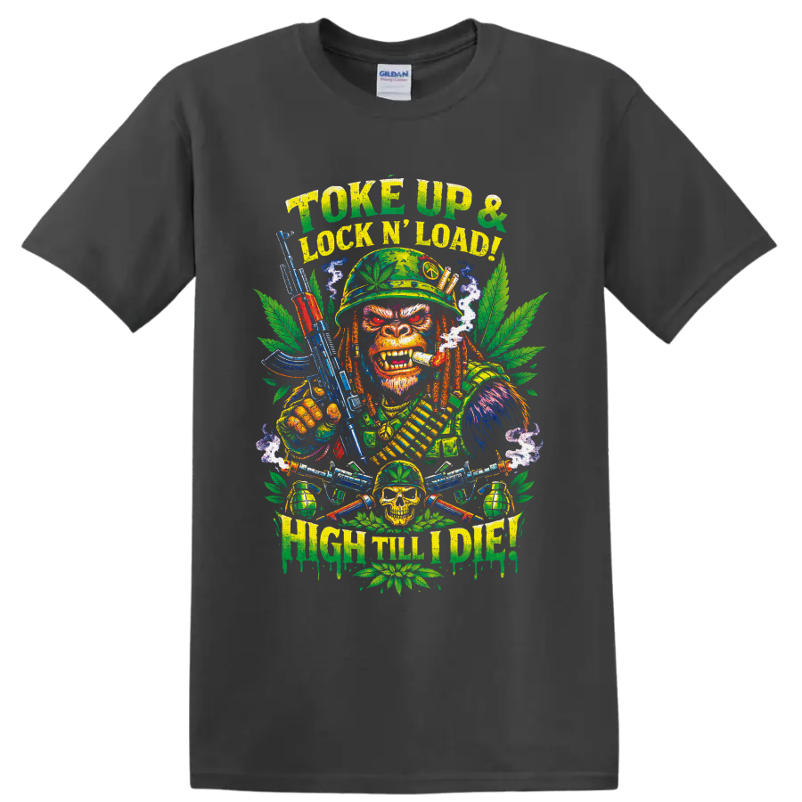 Psychedelic cannabis soldier monkey graphic with Toke Up and High Till I Die text on a Charcoal T Shirt