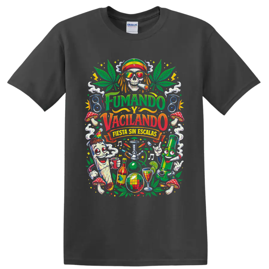 Psychedelic cannabis fiesta skull with speakers, mushrooms, and Fumando y Vacilando text on a Charcoal T Shirt