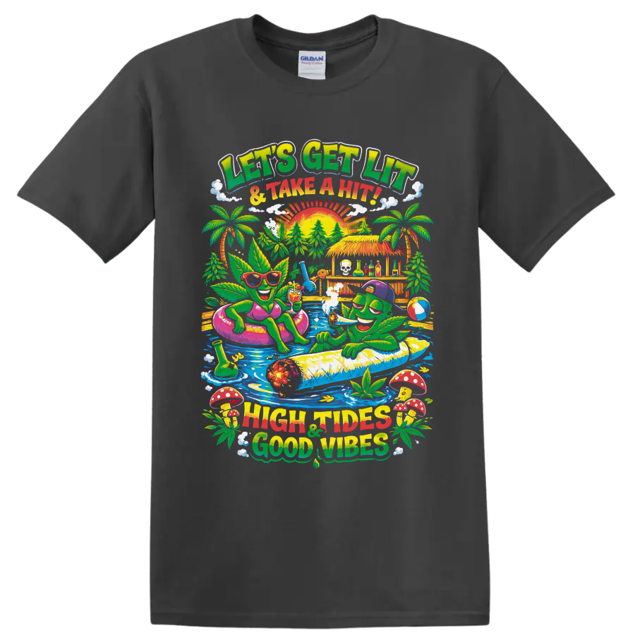 Retro cannabis leaf characters at a tropical pool party with High Tides Good Vibes text on a Charcoal T Shirt