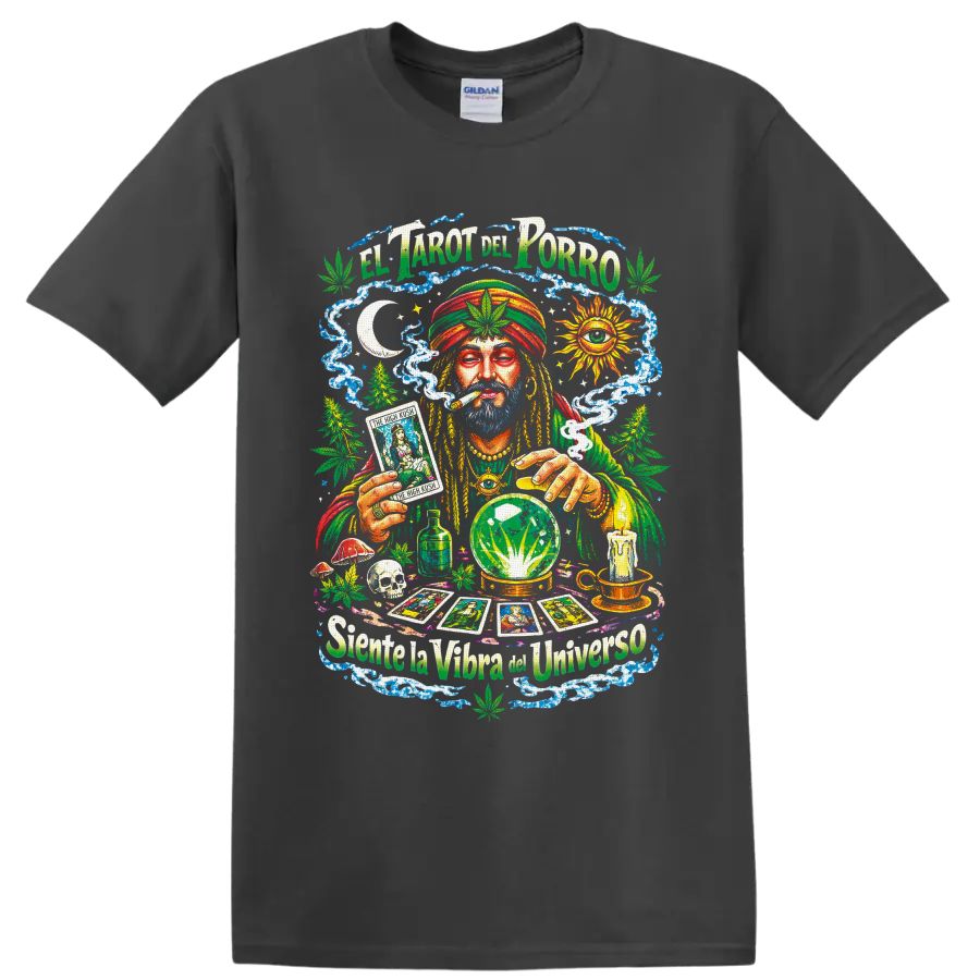 Psychedelic cannabis tarot reader with crystal ball and El Tarot del Porro text on a Charcoal T Shirt