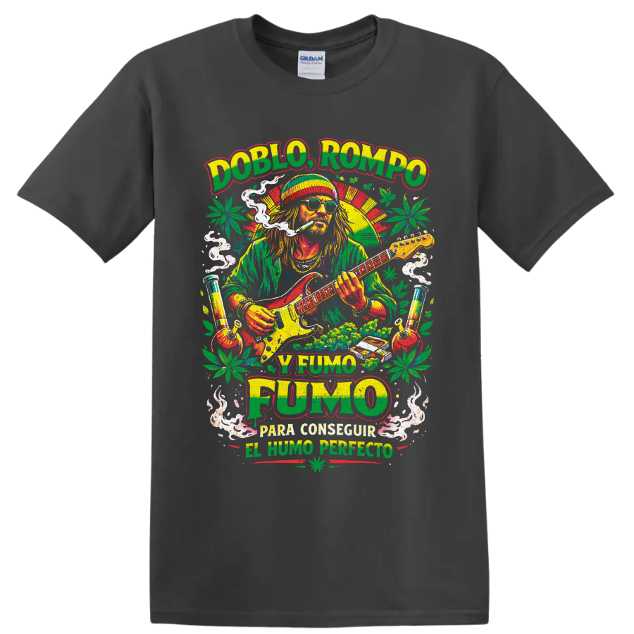 Doblo Rompo y Fumo guitarist with smoke, cannabis leaves, and retro poster art on a Charcoal T Shirt