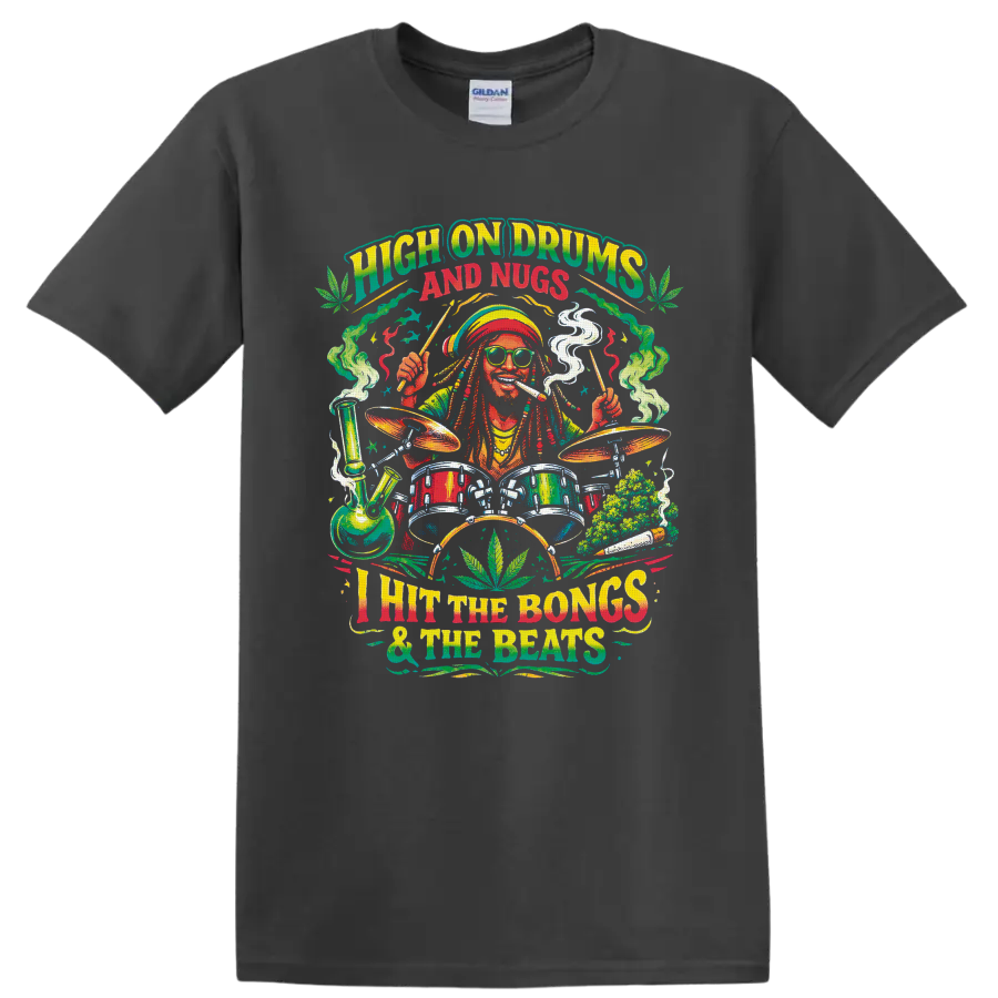 Colorful cannabis drummer graphic with bong, drum kit, buds, and High on Drums and Nugs on a Charcoal T Shirt