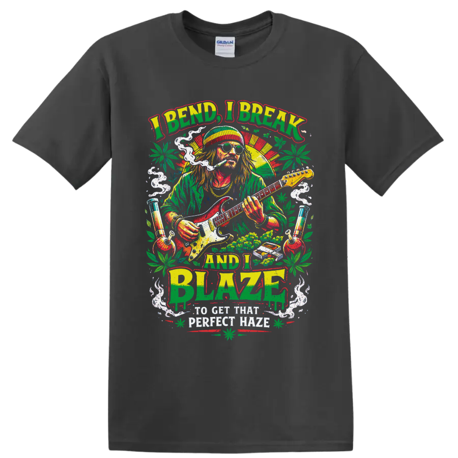 Retro cannabis guitarist graphic with smoke, leaves, water pipes, and I Bend I Break and on a Charcoal T Shirt