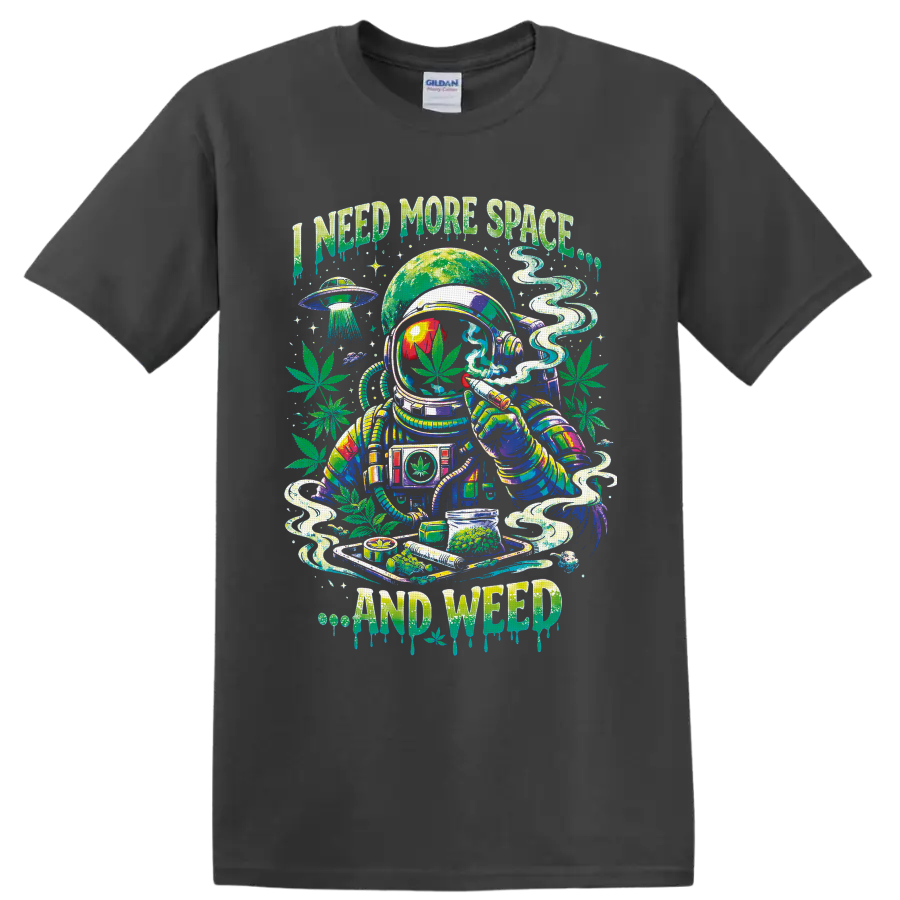 Psychedelic astronaut with cannabis leaves, UFO, smoke, and I Need More Space and Weed on a Charcoal T Shirt