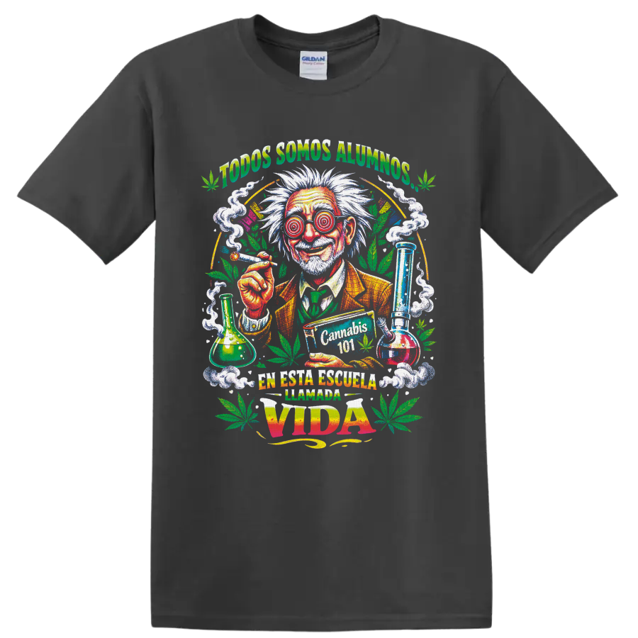 Psychedelic mad scientist Cannabis 101 graphic with leaves, smoke, and lab glassware on a Charcoal T Shirt