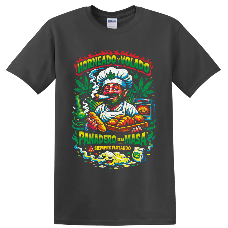 Colorful 420 cannabis baker chef graphic with pastries, leaves, smoke, and Spanish text on a Charcoal T Shirt