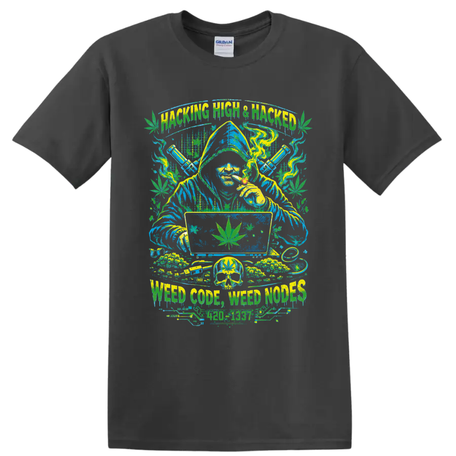 Hacking High wizard with cannabis leaves, smoke, computer, skull, and water pipes on a Charcoal T Shirt