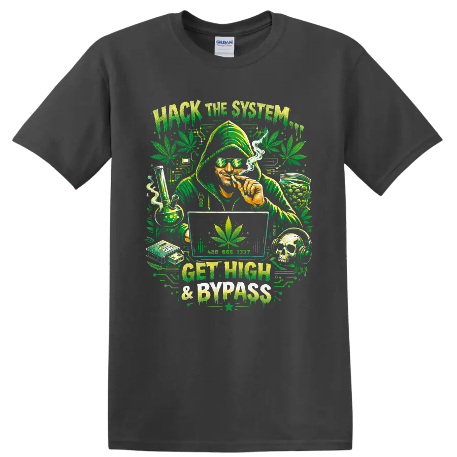 Hooded cannabis smoker with bong, computer, skull headphones, and Hack the System text on a Charcoal T Shirt