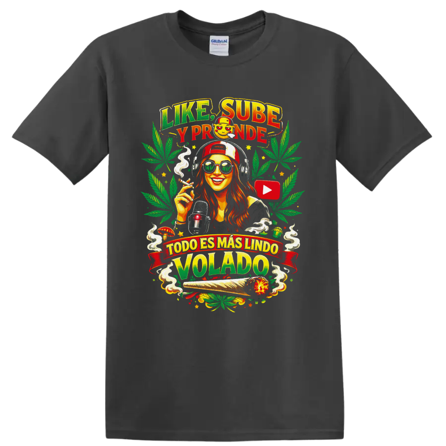 Cannabis culture woman with headphones, microphone, leaves, and Spanish slogan art on a Charcoal T Shirt