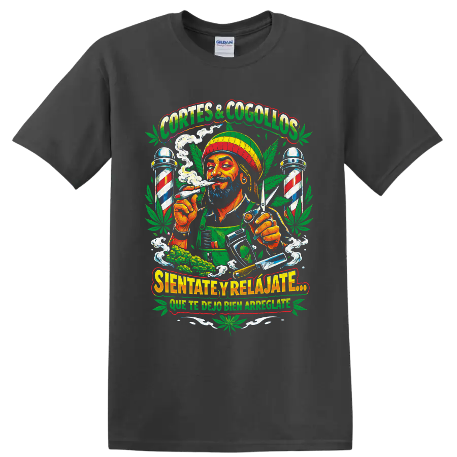 Colorful cannabis barber illustration with scissors, striped poles, smoke, and leaves on a Charcoal T Shirt
