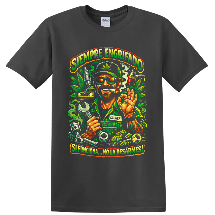 Cannabis mechanic with wrench, leaves, engine parts, and Siempre Engrifado lettering on a Charcoal T Shirt