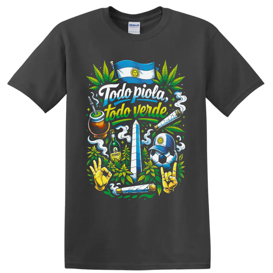 Argentina 420 collage with sun flag, mate, soccer, obelisk, cannabis leaves and smoke on a Charcoal T Shirt