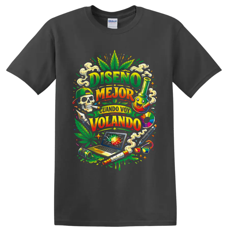 Colorful cannabis culture collage with Spanish lettering, leaf, skull, bong, and laptop on a Charcoal T Shirt