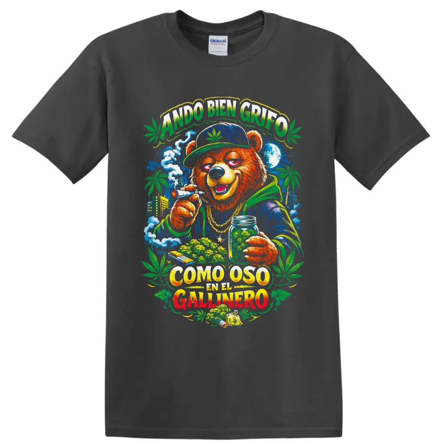 Cannabis bear street-art graphic with Spanish text, city skyline, leaves, and smoke on a Charcoal T Shirt