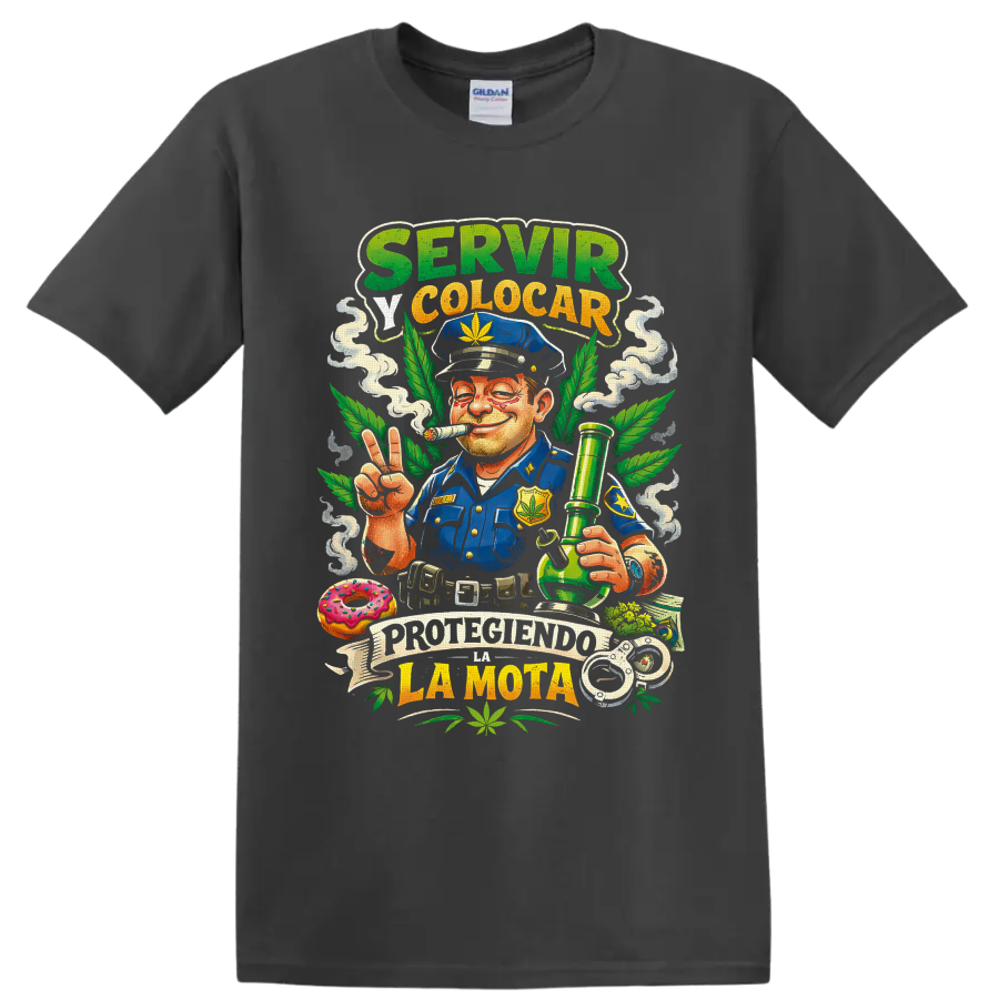 Cannabis police parody cartoon officer with bong, leaves, smoke, and Spanish text on a Charcoal T Shirt